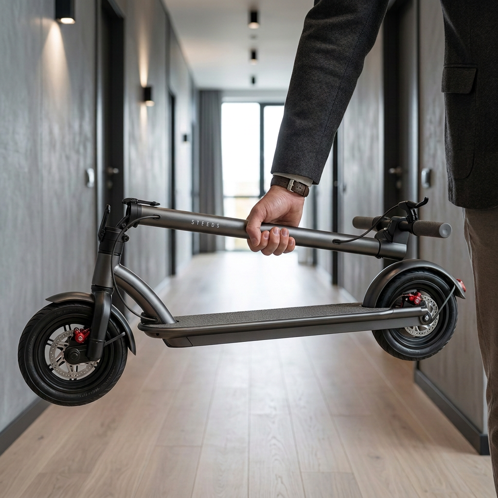 Person carrying the folded Roadblade scooter one-handed into a modern lobby