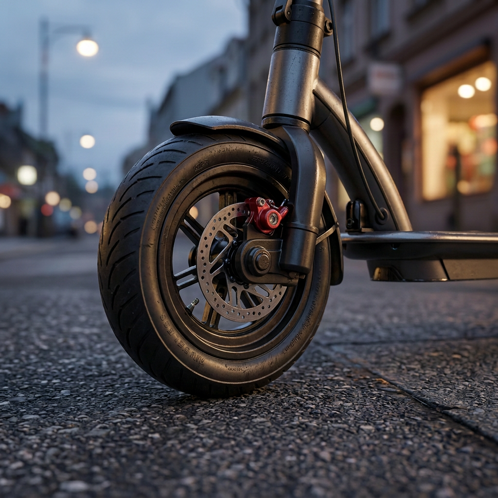Close-up of the Roadblade front wheel and suspension rolling over rough pavement