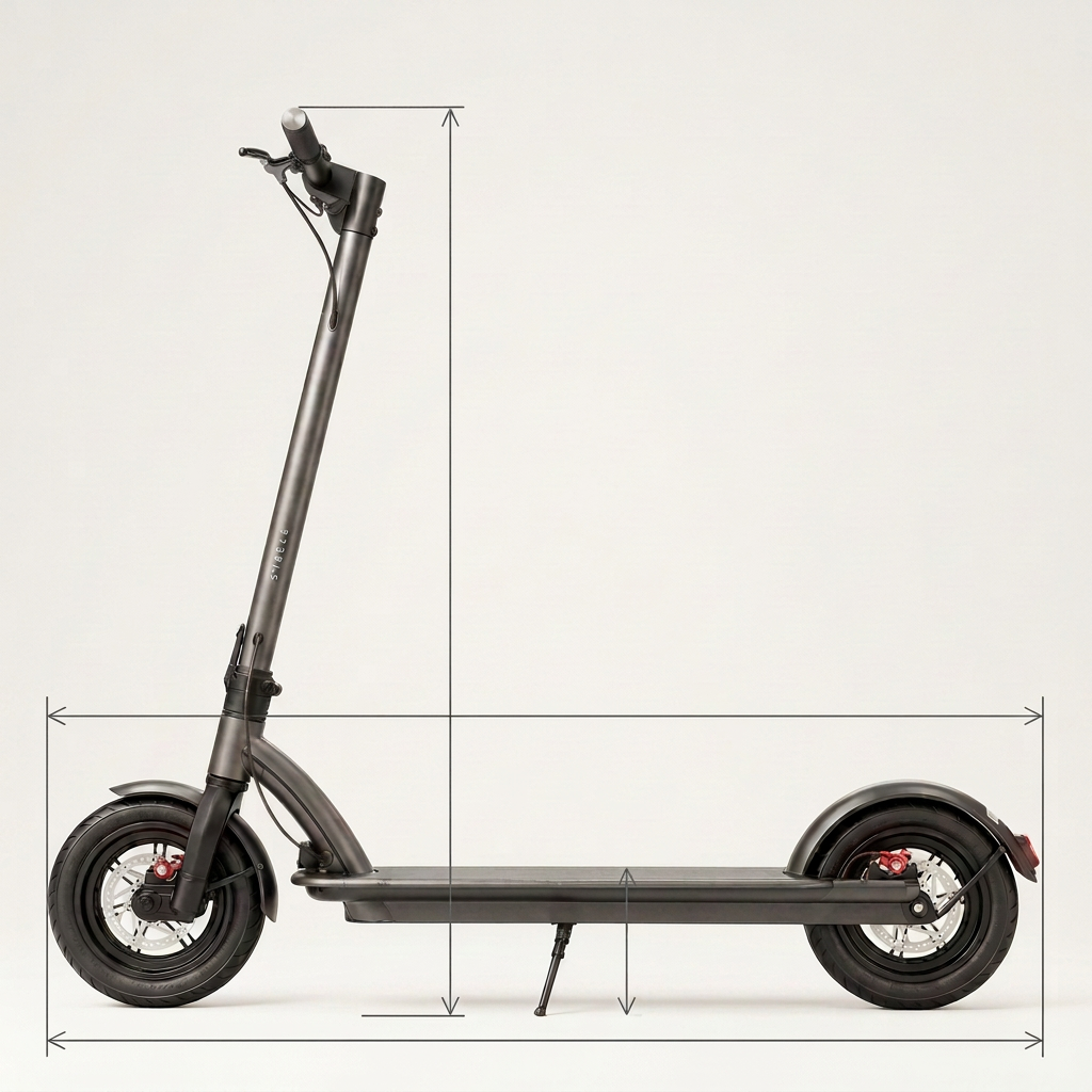 Roadblade product size chart showing standing and folded dimensions plus rider fit range